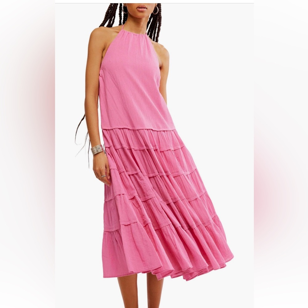 FREE PEOPLE SOMEWHERE SUNNY MIDI HALTER DRESS SIZE S MSRP $118.00 NWT